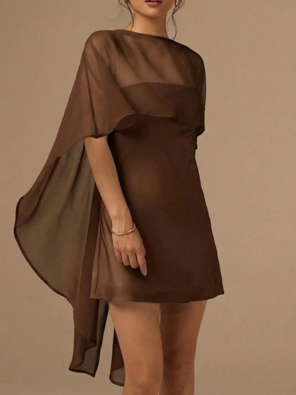 Brown Sheer Chiffon Mini Dress with Draped Cape Sleeve